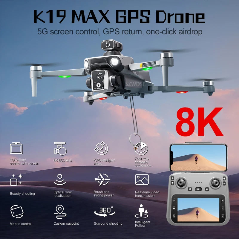 Dron K19 MAX GPS profesional 8K cámara aérea FPV con pantalla grande Control remoto Dron plegable