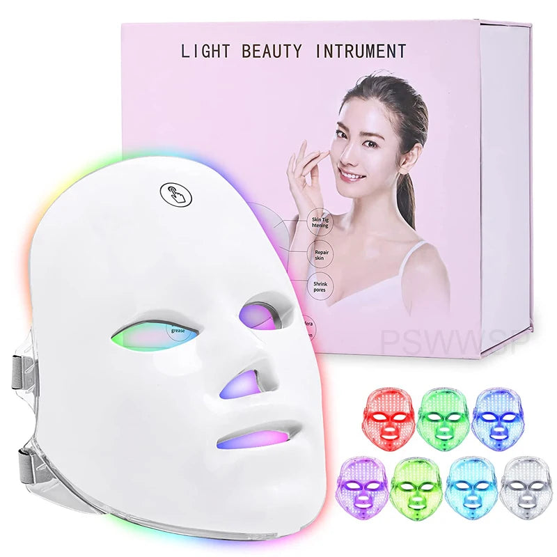 Mascarilla Facial LED de 7 colores con terapia de fotones, cuidado de la piel, herramientas de rejuvenecimiento, eliminación de arrugas y acné.