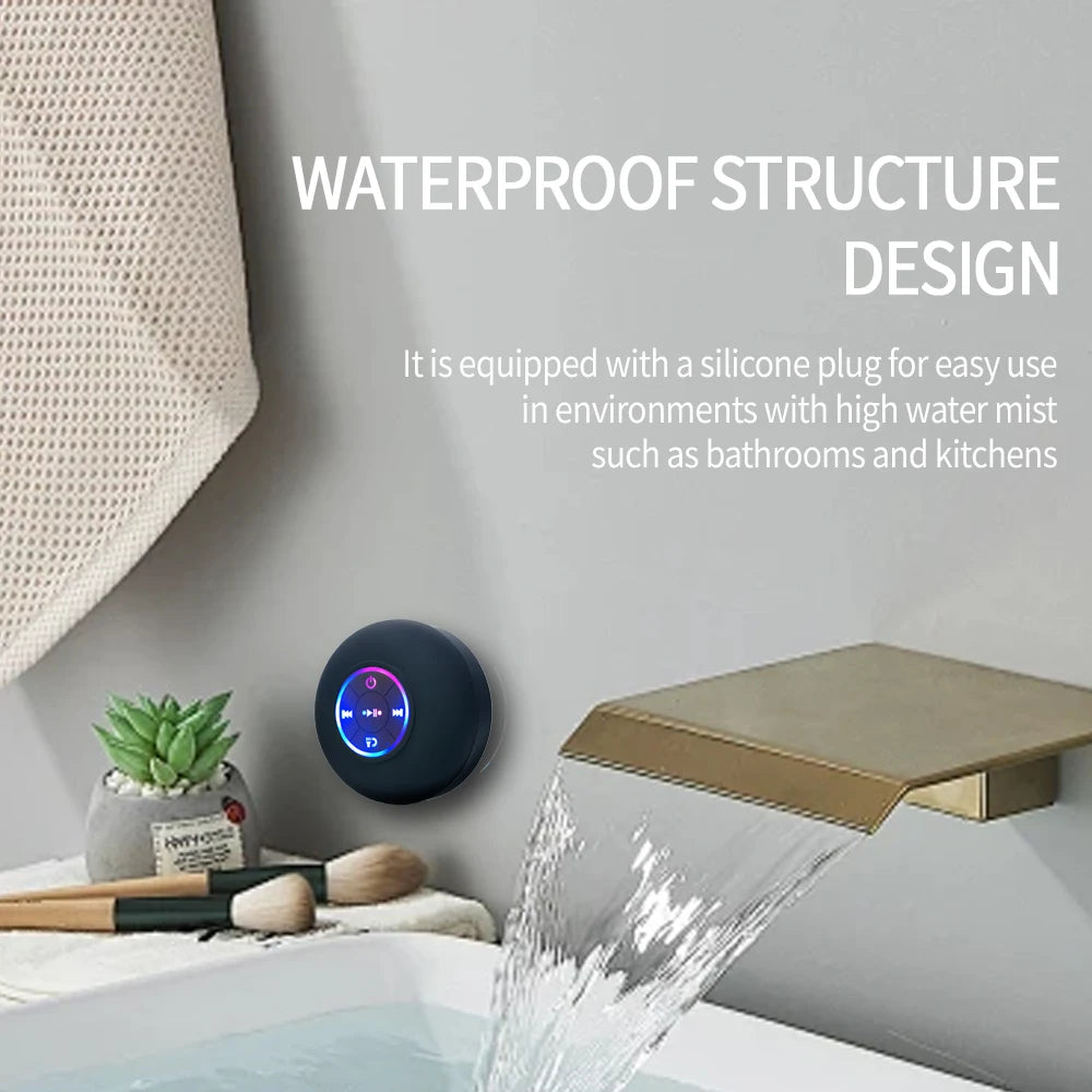 Altavoz portátil inalámbrico con Bluetooth, luz LED, resistente al agua, para exteriores, baño.