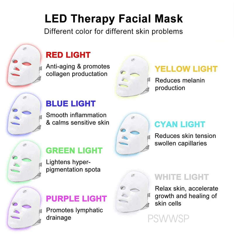Mascarilla Facial LED de 7 colores con terapia de fotones, cuidado de la piel, herramientas de rejuvenecimiento, eliminación de arrugas y acné.